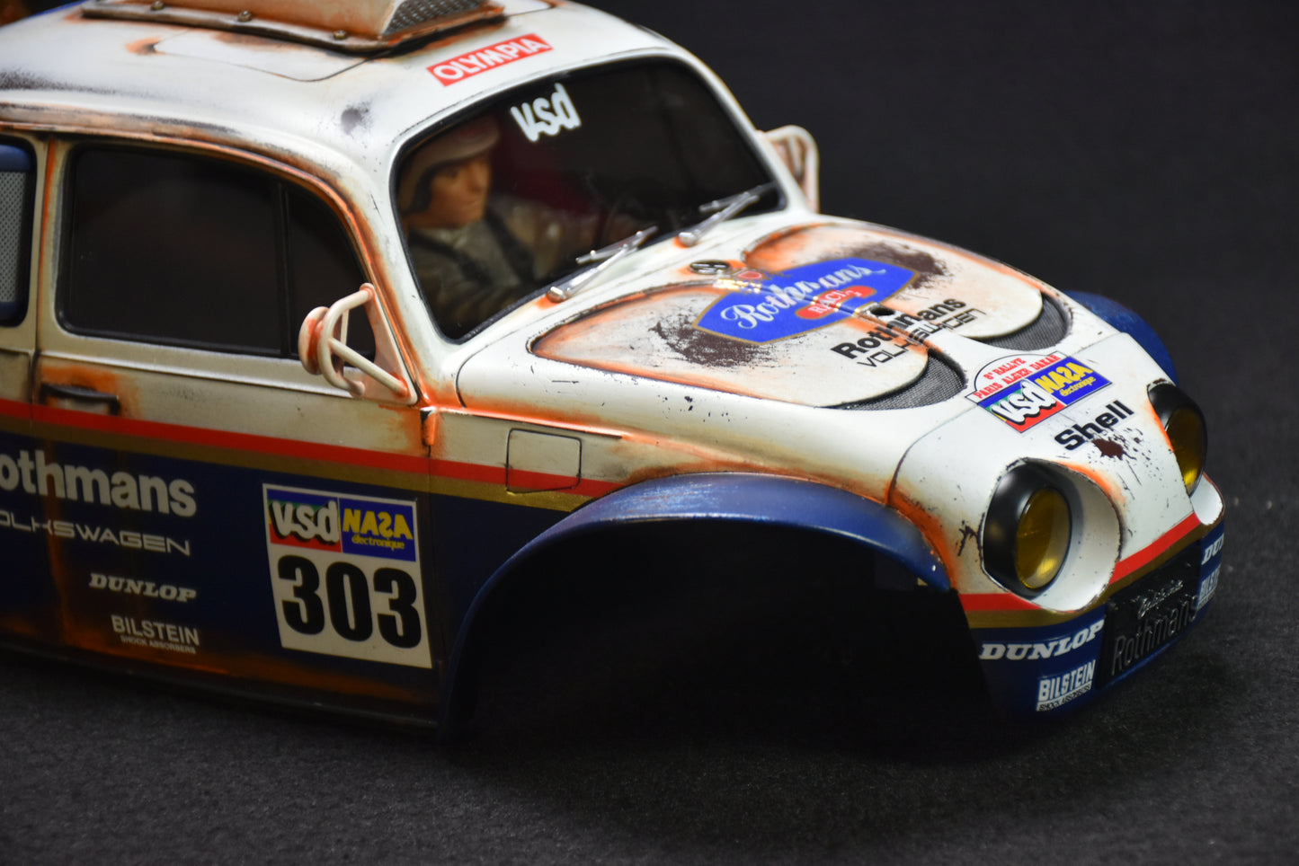 Tamiya BLITZER BEETLE 1/10 Custom Painted Body – Finished with Driver Figure (DAKAR ROTHMANS)